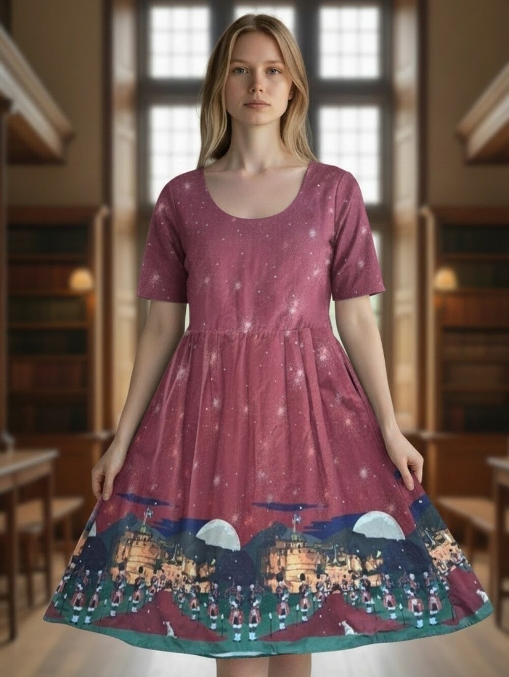 PALAVA Edinburgh castle beltes dress organic 100% cotton size 10